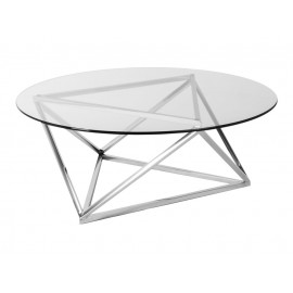 Nowoczesny okrągły szklany stolik osadzony na geometrycznej podstawie Ø105x36 cm C032
