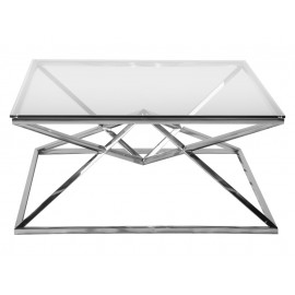 Nowoczesny szklany stolik osadzony na geometrycznej podstawie 100x47 cm C060
