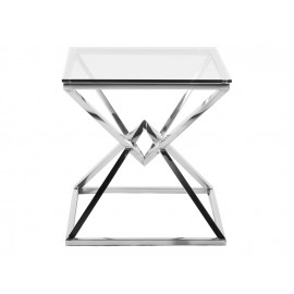 Nowoczesny szklany stolik kawowy osadzony na geometrycznej podstawie 50x51 cm J066